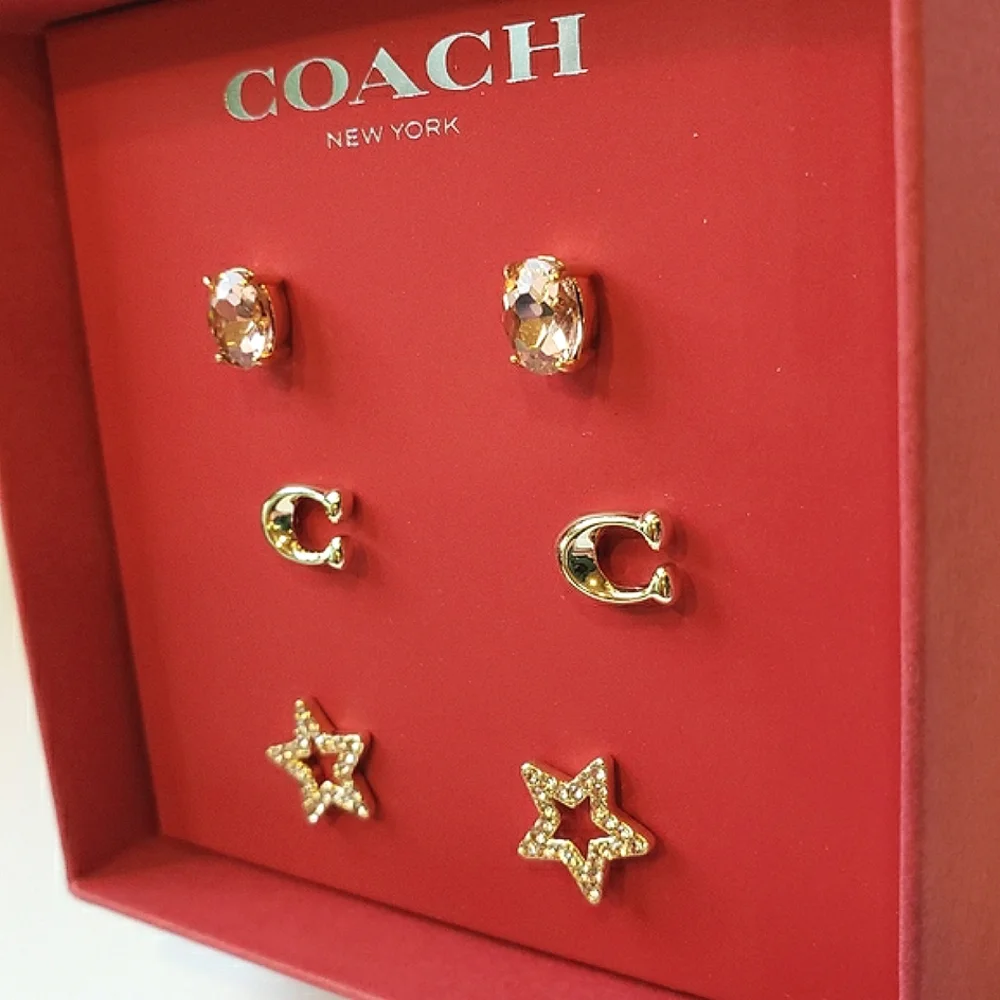 Coach Signature Star Earrings Set. 3 pairs in gift box. Pink, gold tone